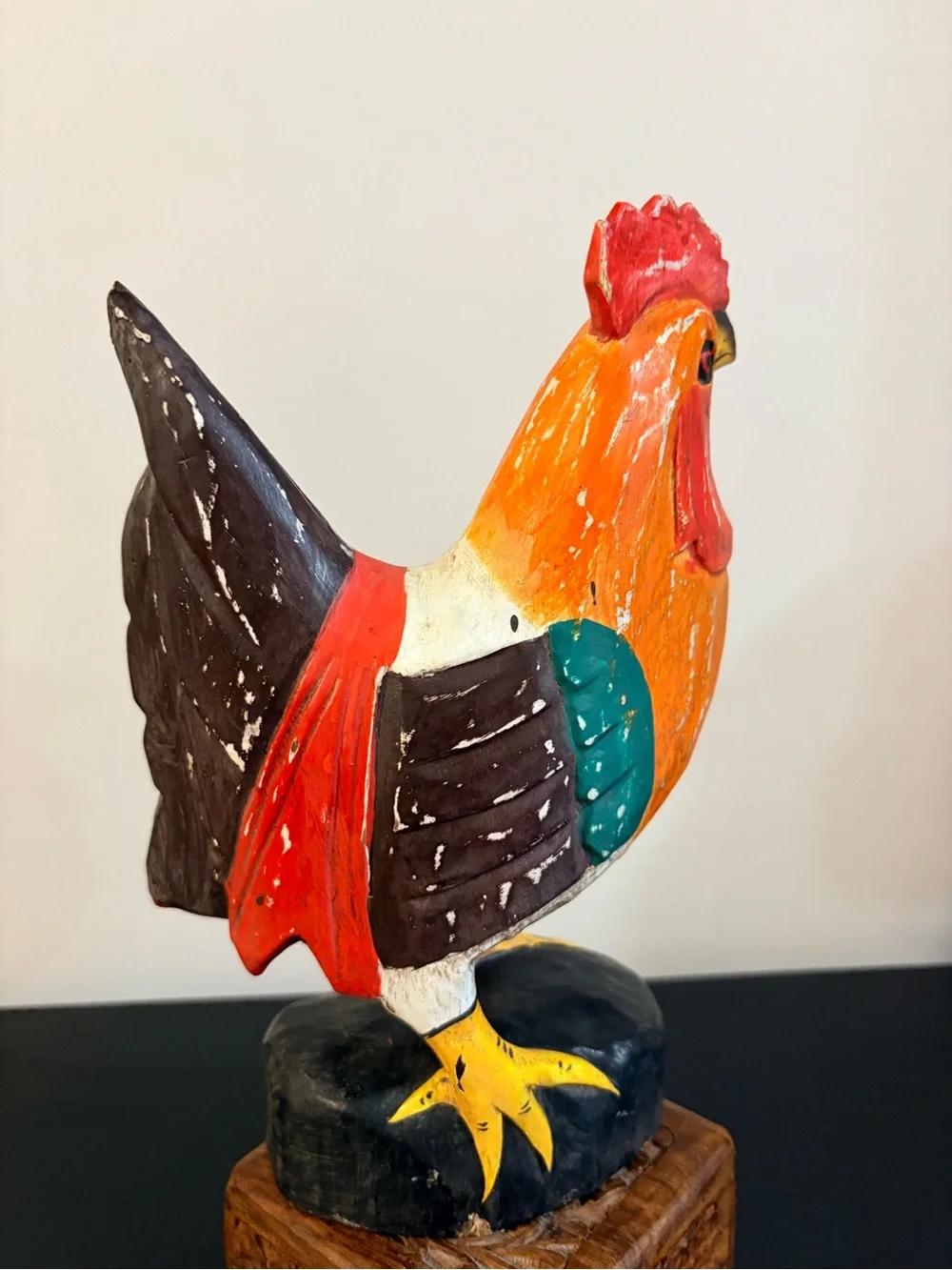 Vintage Handcarved Painted Wooden Rooster Statue - Multicolor